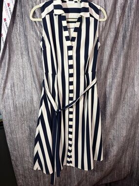 New York & Company Navy and White Sleeveless Midi Shirt Dress